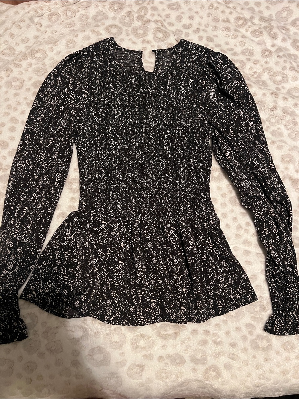 Black Floral Long-Sleeve Peplum Top